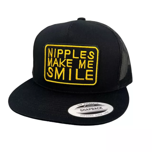 NIPPLES MAKE ME Smile Funny Black Trucker Cap Hat Five Panel Snapback ...
