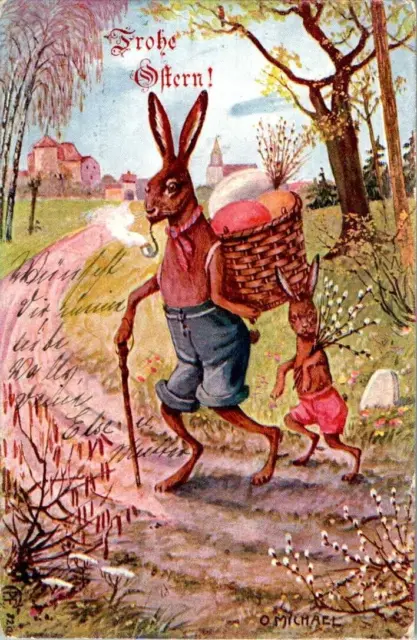Ak Ostern Zwei Hasen Mit Eierkorb Col. 1903