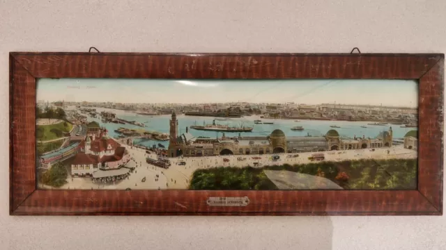 Andenken an Hamburg - Hafen Hinterglasbild 50cm X 18,5 cm um 1920, mit Perlmutt