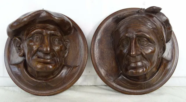 Antique French Hand Carved Wood Sculpture Full Relief - Two Peasants Head's