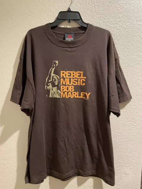 Zion Rootswear Rebel Music Bob Marley T Shirt Brown 100% Cotton Mens SZ 2XL EUC