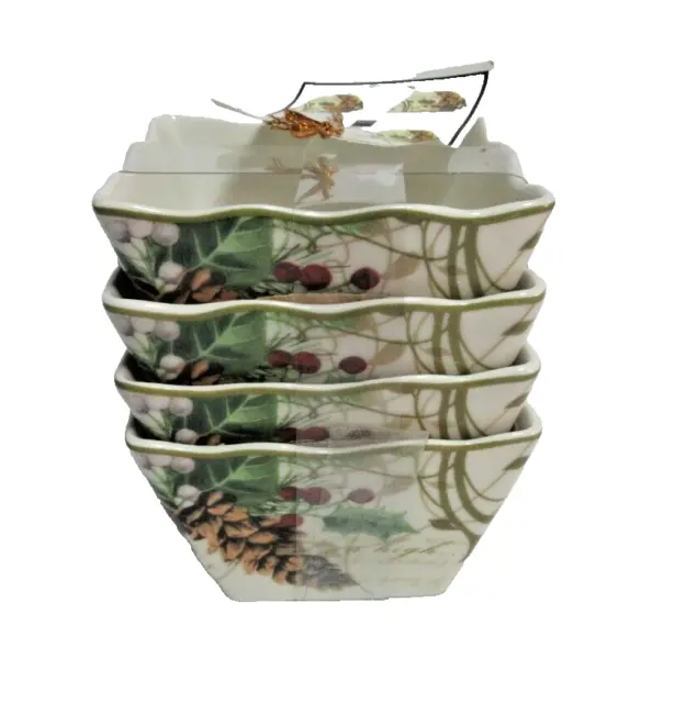 NEW 222 Fifth Holiday Wishes Square Appetizer/ Dessert Bowls Set (4) FINE CHINA