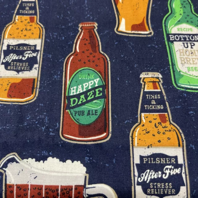 Craft Beer Cotton Fabric On Blue Background Draft Bottles Mugs Mens FQ Or Contin