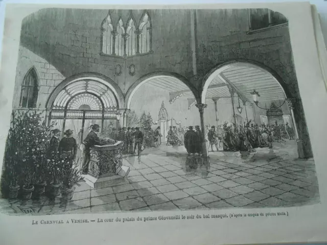 Gravure 1869 - Le Carnaval à Venise La cour du palais du Prince Giovanelli