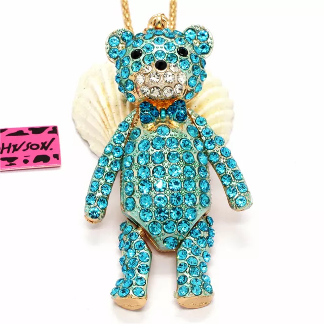 Hot Blue Rhinestones Cute Bow Bear Crystal Pendant Fashion Lady Women Necklace