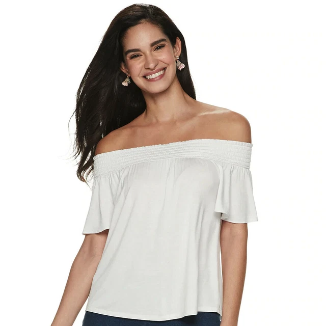 NEW Elle M Women's White Knit Off Shoulder Short Sleeve Top Blouse