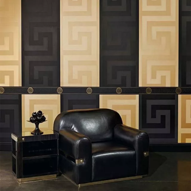 Versace Wallpaper or Border Gold Black Luxury Satin Modern Designer Greek Key