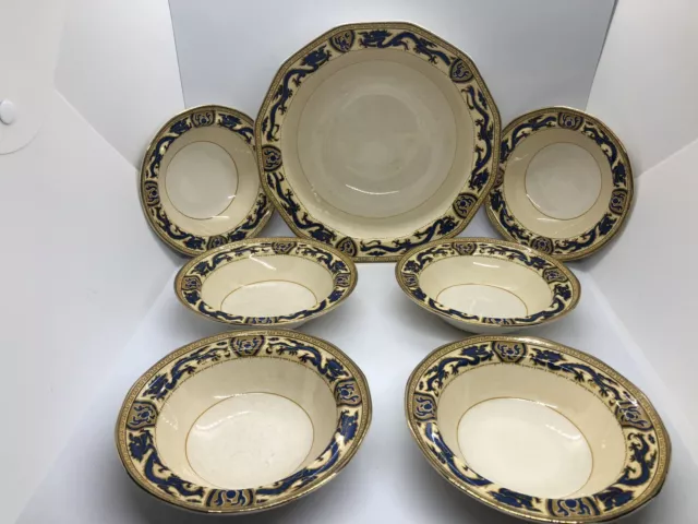 Booths Silicon China Large Serving Bowl With Six Dessert Bowls 1931 Blue Dragon