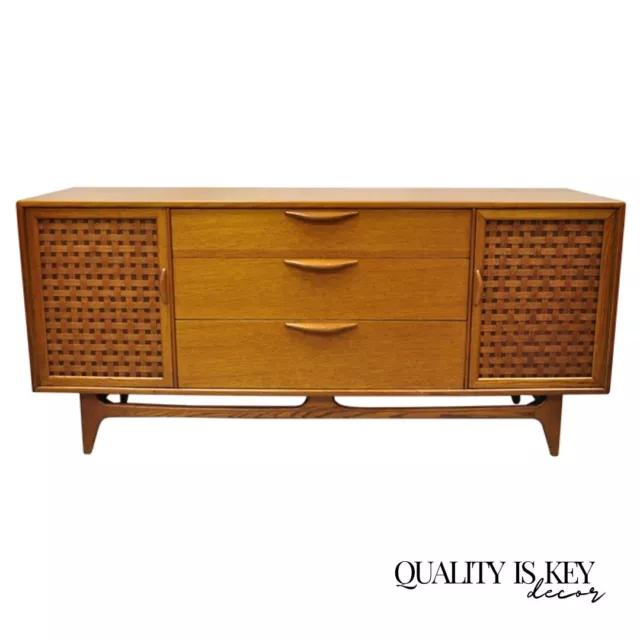 Lane Perception Mid Century Modern Oak Wood Lattice Long Dresser Credenza