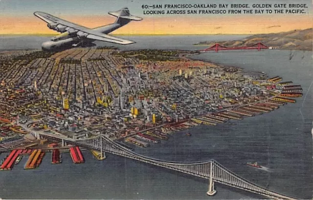 Postcard CA: Aerial View of SF & Bridges, Airplane, Linen, Posted 1944