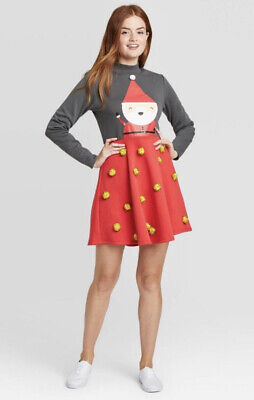 Women's Juniors Santa Pom Pom Long Sleeve Dress Red/Gray Sz Large NWT