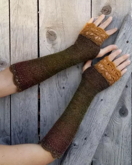 Handmade Knit Crochet Wool Fingerless Womens Long Gloves mustard brown green OS