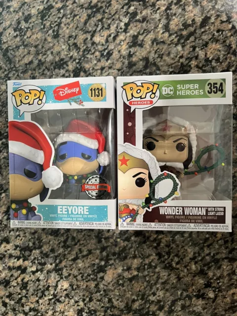 Funko Pop Lot Of 2 Christmas Pops Wonder Woman And Eeyore Special Edition.