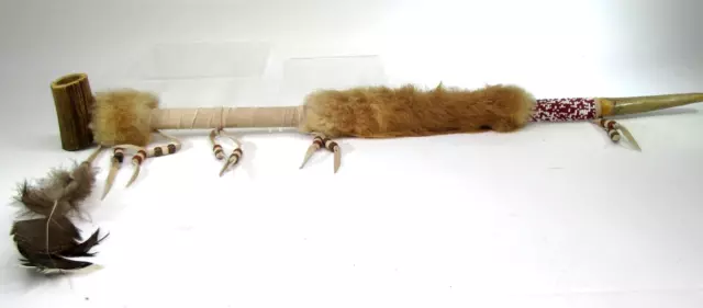 Long 25" Native American PEACE PIPE antler beaded fur feather ceremonial