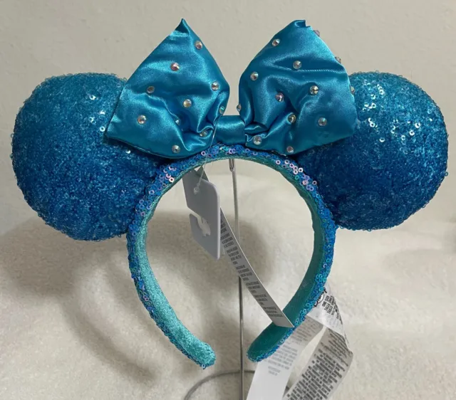 Disney Parks Blue Aqua Sequin Minnie Mouse Ears Headband 2022 New