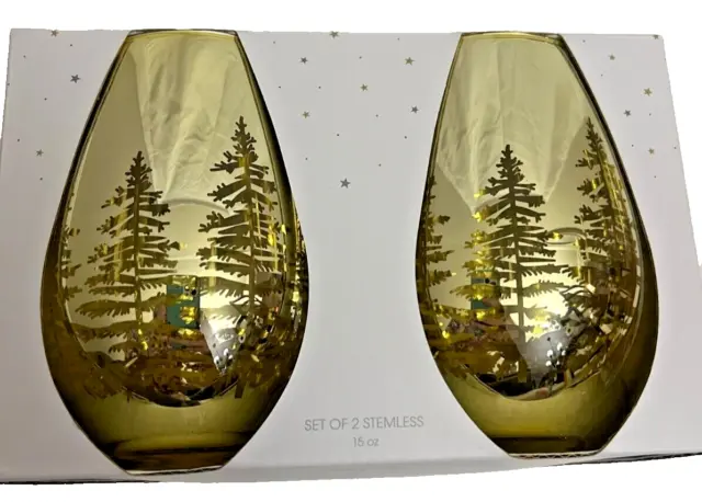 Stemless Wine Glasses Wendy Bellissimo Christmas Themed Gold NEW