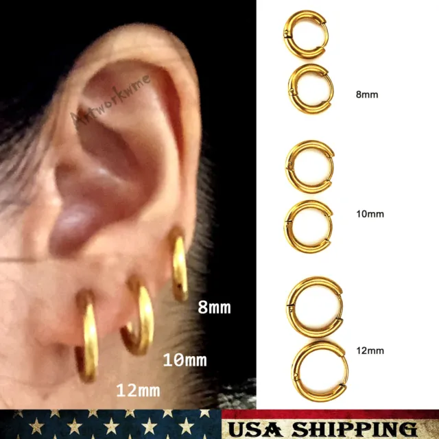 Gold Mens Womens Stainless Steel Tube Hoop Ear Ring Stud Earrings 3 Pairs