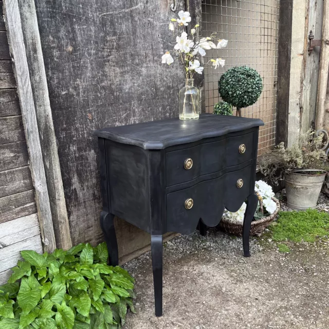 Black Hand Painted French Country Chic Serpentine Chest of Drawers Bedside Table 2