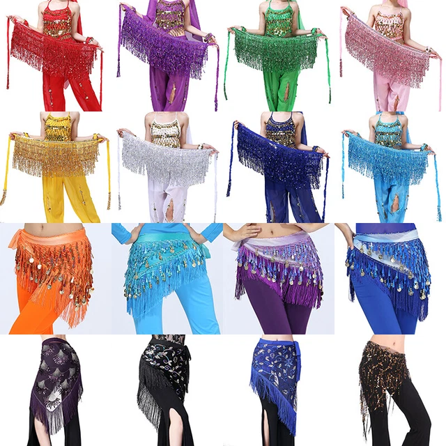 Women Belly Dance Sequins Hip Scarf Tassel Fringe Skirt Waist Belt Multicolor
