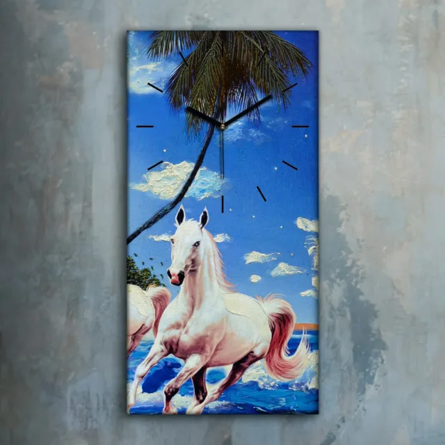 Silencieux Horloge murale sur toile 30x60 Photo grande courir chevaux dans bleu