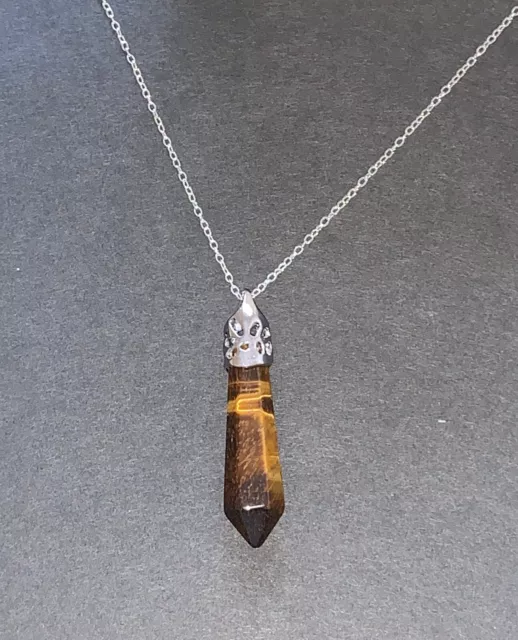 Lovely Tiger Eye Dowsing Pendulum On 18" Silver Chain. Can Be Worn As A Necklace