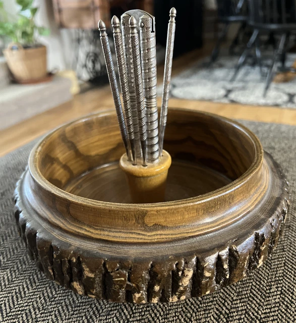 Vintage Wooden Bark Nut Cracker Set 7.5" Bowl W/ Nutcracker & 4 Picks Rustic #3