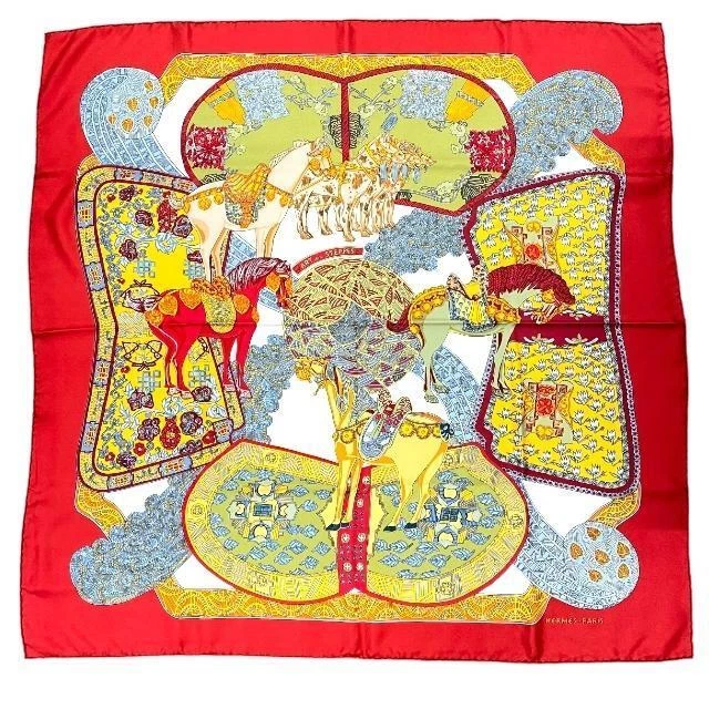 Hermes Carre 90 silk 100% scarf ART DES STEPPES red multi color Ladies with box