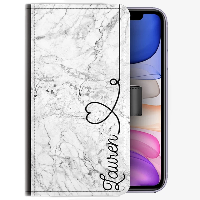 Personnalisé Initiale Téléphone Étui ; Nom & Coeur Gris Marbre Cuir PU