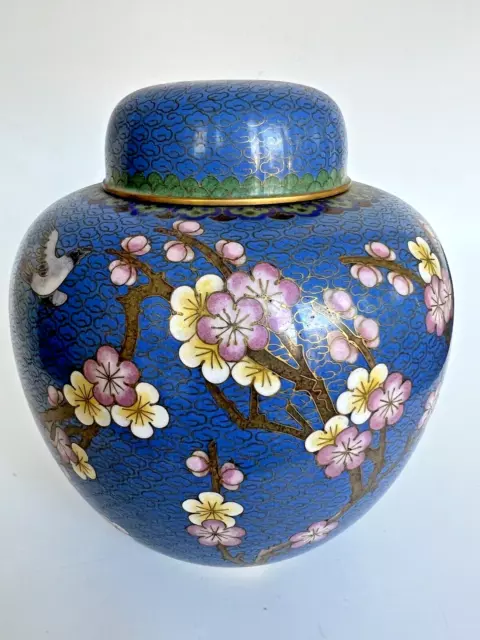 8" Vtg Old Chinese Turquoise Blue Cloisonne Enamel Birds Blossom Ginger Jar