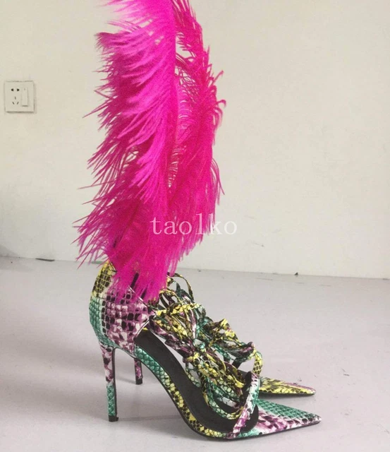 Ostrich Feather Womens Ankle Strappy Sandals 10cm Heels Patent Leather Nightclub