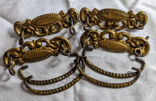 4 Antique Matching Pressed BRASS & IRON Drawer Pulls Bail 3" Centers