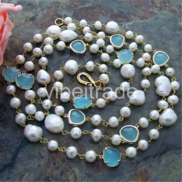 50" 12-15MM White Baroque Keshi Pearl Blue Crystal Necklace