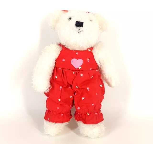 Hallmark White Stuffed Valentine Teddy Bear Red Bow and Overalls with Hearts
