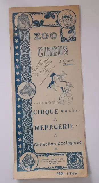 ancien programme cirque zoo circus J. Court 1922 Saint Brieuc dépliant