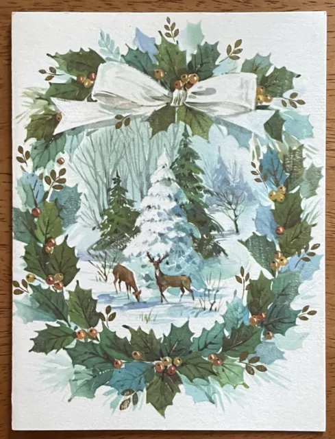 Unused Christmas Deer Woods Wreath Gold White Bow Vintage Greeting Card 1960s