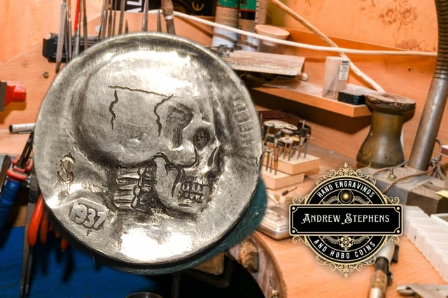Hand engraved "HOBO SKULL" coin 1937 hobo Buffalo Nickel Signed