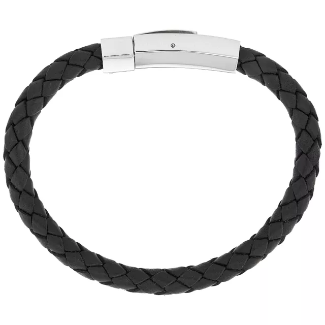 8mm Noir Tressé Cuir Bracelet W / Acier Inoxydable Fermoire