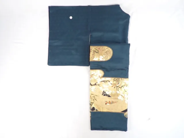 Japanese KIMONO style 166cm long sleeve SAKURA Green Gold Traditional HOUMONGI