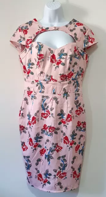 Hell Bunny 50s Rosaline Floral Rose Pink Pencil Dress Size M UK12