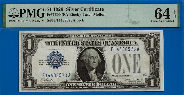 FR-1600 ✅ 1928 $1 S/C (( Blue Seal 🔴 FA Block )) PMG 64EPQ # F14438573A