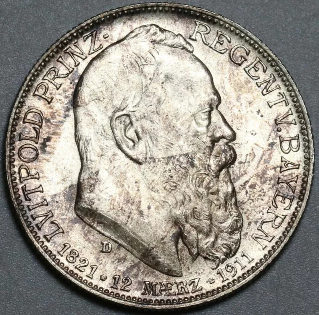 1911-D Bavaria Silver 2 Mark UNC Luitpold Birthday German State Coin (23113003R)