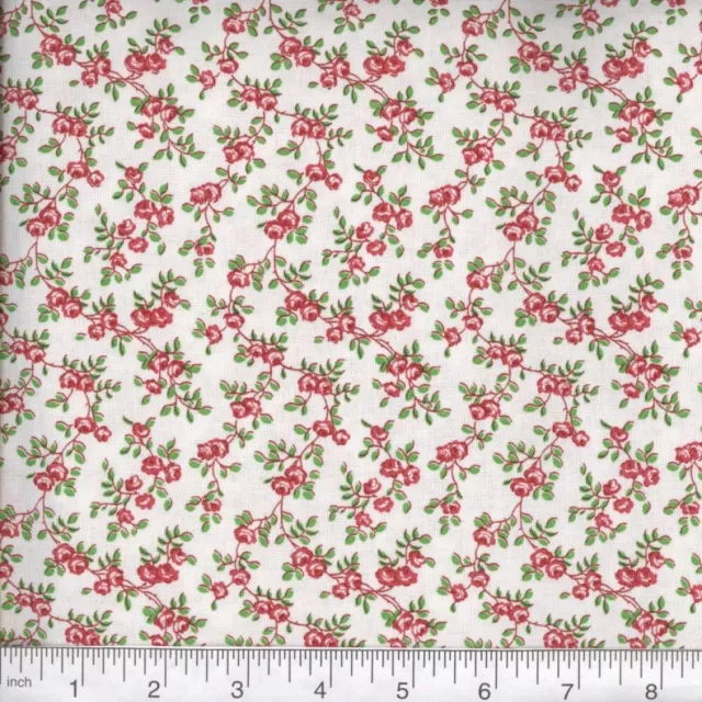 Country Calico Rose Floral Foliage Leaves Fabric Quilting White Red 1/2 yard