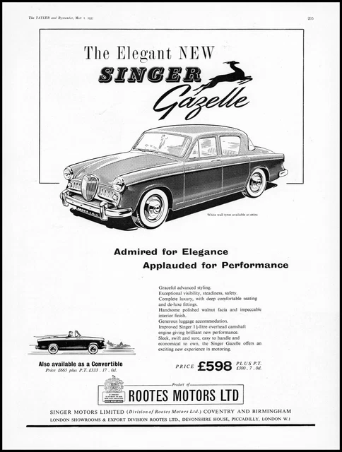 1957 Singer Gazelle Car Rootes Motors LTD Singer Motor UK retro art print ad LA2