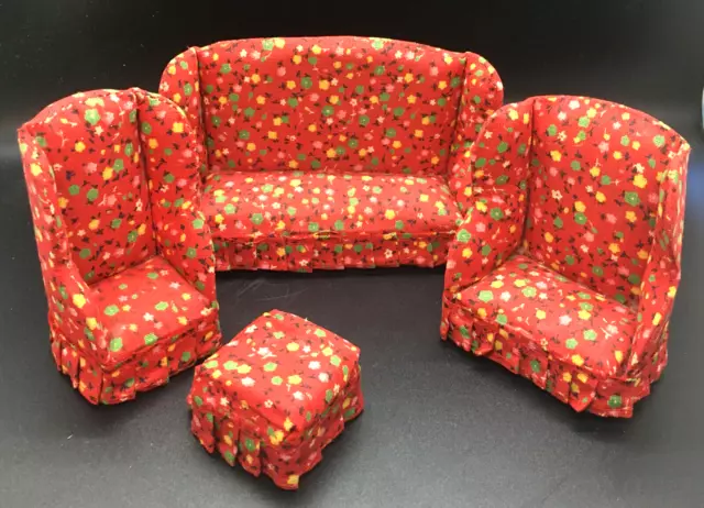 Dollhouse Living Room Den Floral Furniture Set WingBack Sofa Chairs Ottoman 1:12