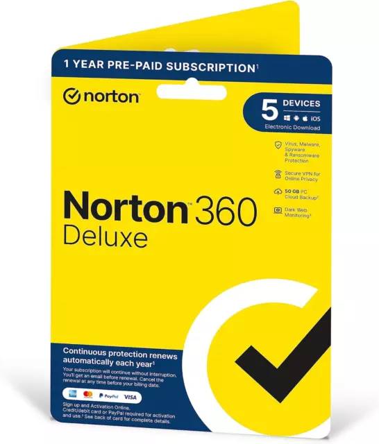 Norton 360 Deluxe 2024, Antivirus software for 5 Devices and 1-year subscription