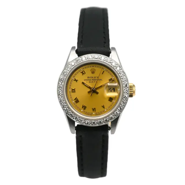Ladies Rolex Oyster Perpetual Date Diamond White Gold Bezel Wristwatch Ss C1984
