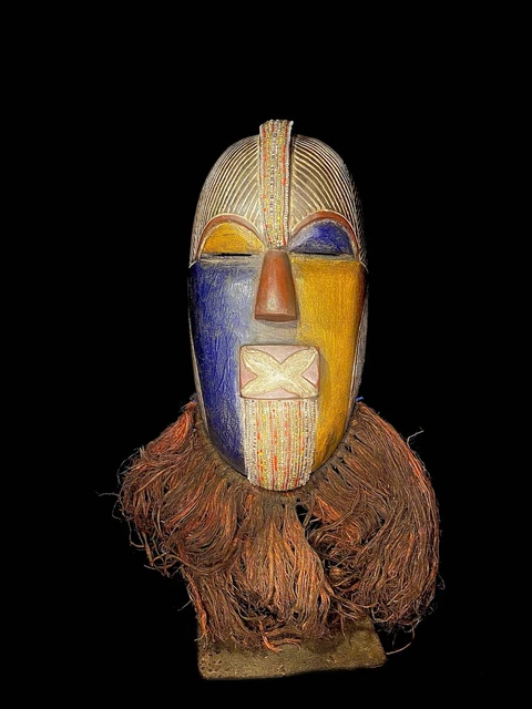 African Mask Songye Kifwebe Wooden Mask Raffia Beard Large kifwebe-6233