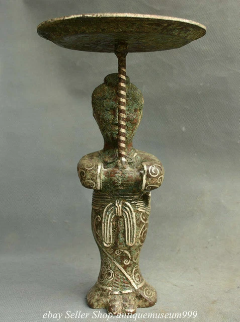 12.8" Old Chinese Bronze Ware Silver Dynasty Palace Human Candle stick Statue