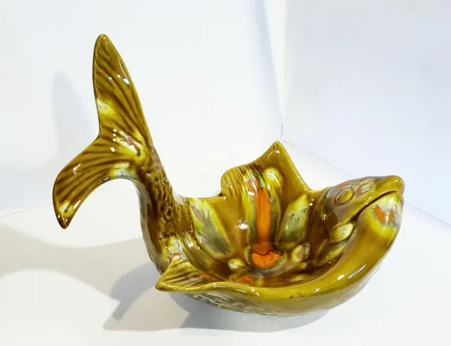 Vintage MCM Brown Orange Ceramic Fish Shaped Soap Trinket Candy Dish Figure
