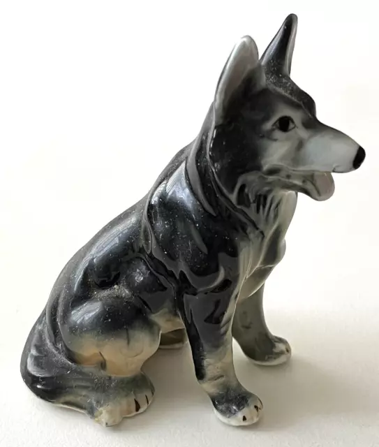 Vintage Miniature Porcelain Dog Figurine German Shepherd 3.25" tall Dark Grey